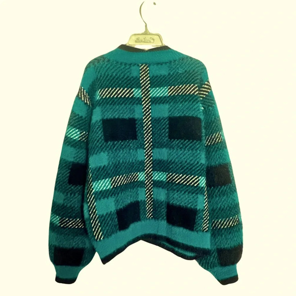 Umgee Plaid Herringbone Preppy Quirky Fuzzy Y2K Snap Button Cardigan Sweater Lg - Picture 3 of 12